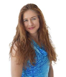 Smiling woman with long hair wearing a vibrant blue top.